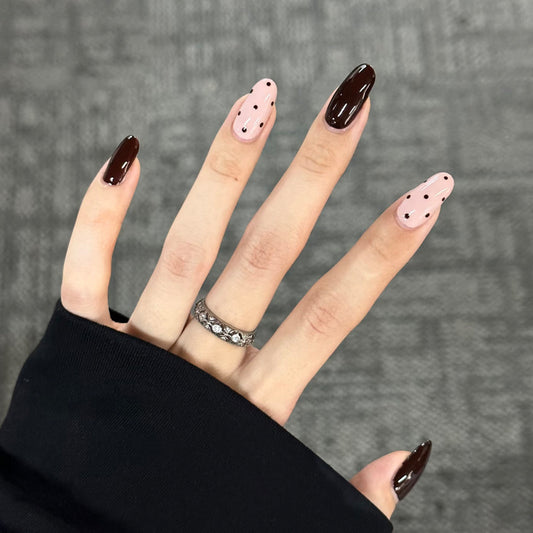 Chic Elegance Long Oval Shape Brown and Pink Polka Dot Press On Nail Set with Glossy Finish