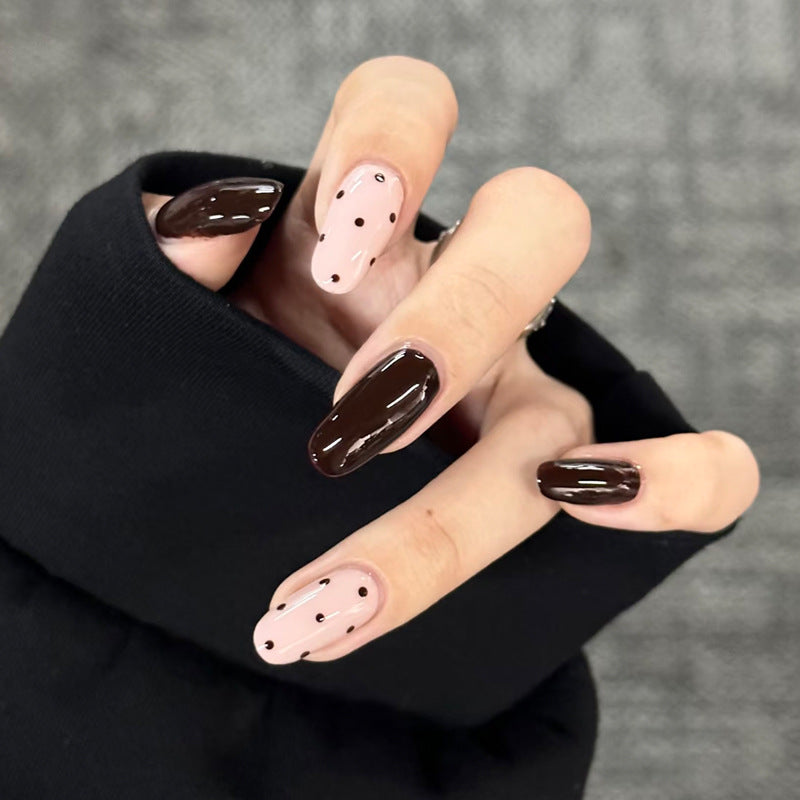 Chocolate Delight Trendy Long Square Shaped Brown and Blush Press On Nail Set with Polka Dot Accents