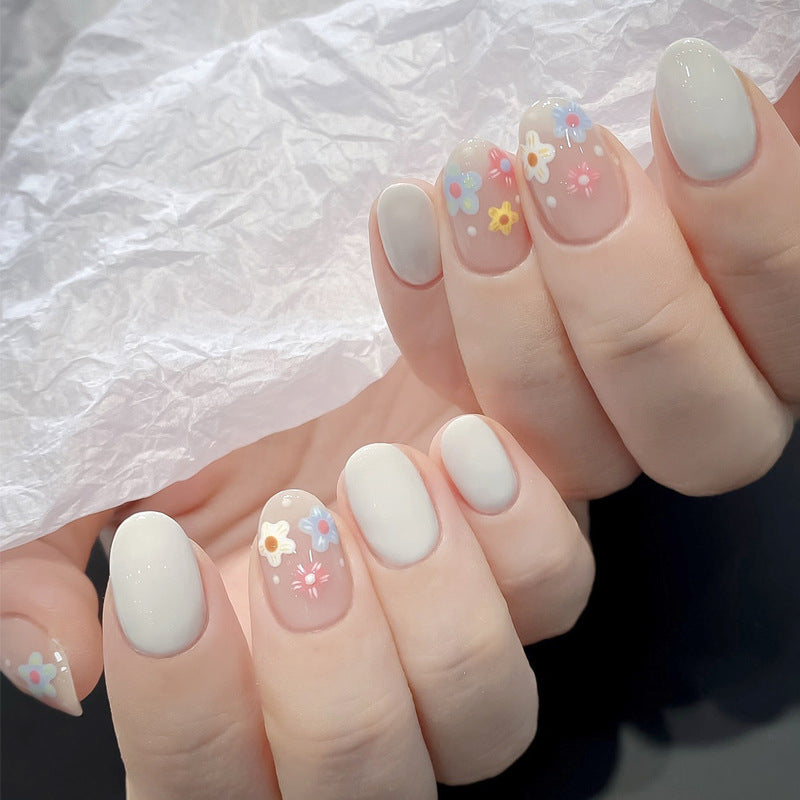 Whimsical Garden Short Round Matte White Press On Nail Set with Colorful Floral Accents