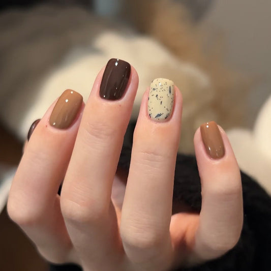 Autumn Elegance Short Square Brown and Beige with Unique Speckled Accent Nail Set