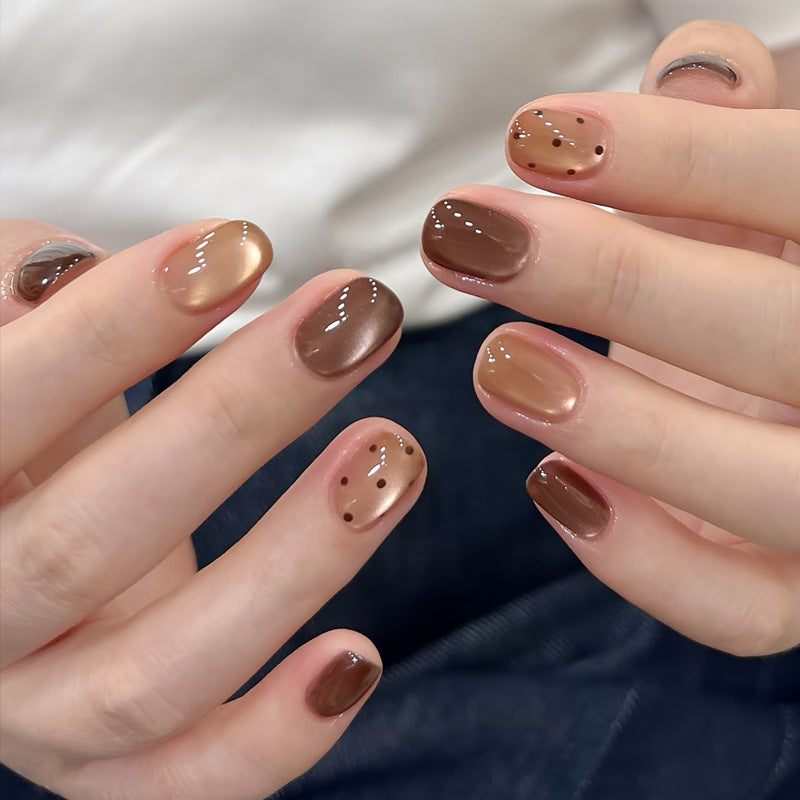 Cocoa Dream Short Square Glossy Brown Gradient Nail Set with Whimsical Dot Accents