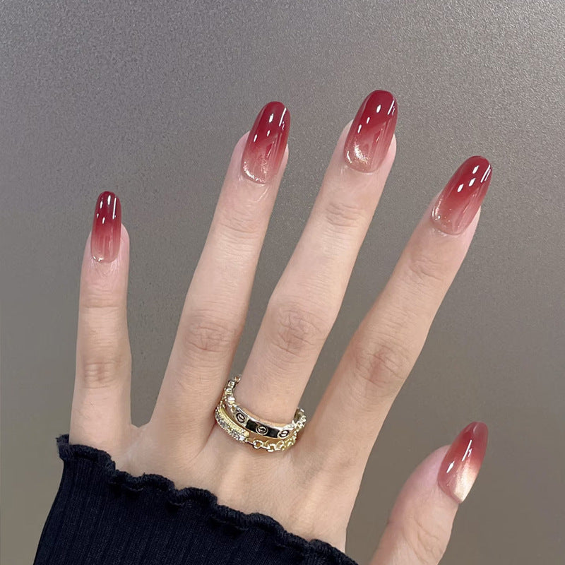 Glamorous Sunset Ombre Long Oval Burgundy Nail Set with Stunning Gradient Finish