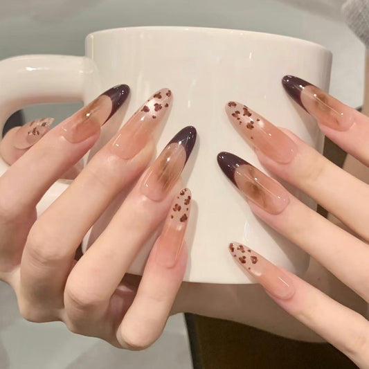 Chic Leopard Print Glamour Long Almond Shaped Brown Ombre with Stylish Tips Nail Set