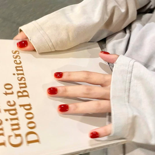 Enchanting Elegance Short Squoval Glossy Red Press on Nail Set with Stunning Shine