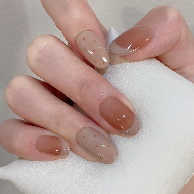Chic Elegance Medium Oval Brown Ombre with Dotted Accents Press on Nail Set