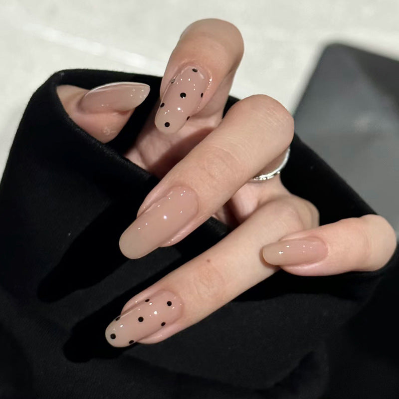 Chic Elegance Long Coffin Beige with Polka Dot Shine Press-On Nail Set