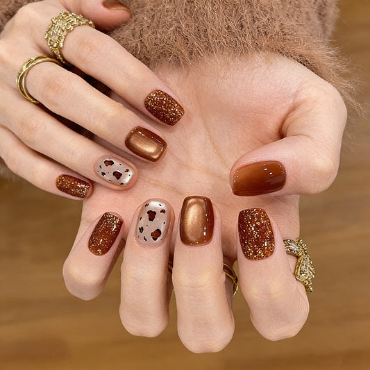 Autumn Elegance Short Square Brown Press-On Nail Set with Sparkling Glitter and Cute Animal Print