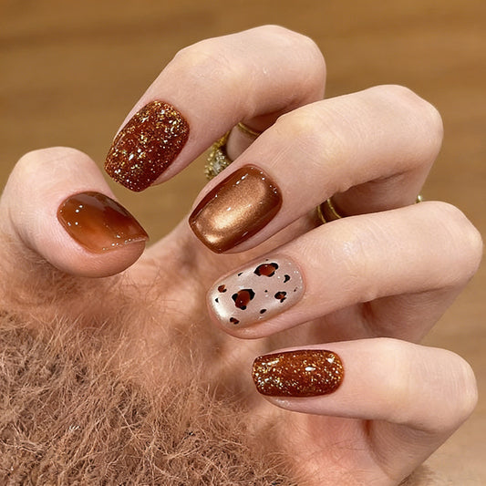 Autumn Elegance Short Square Shimmering Copper with Chic Leopard Spot Design Press On Nail Set
