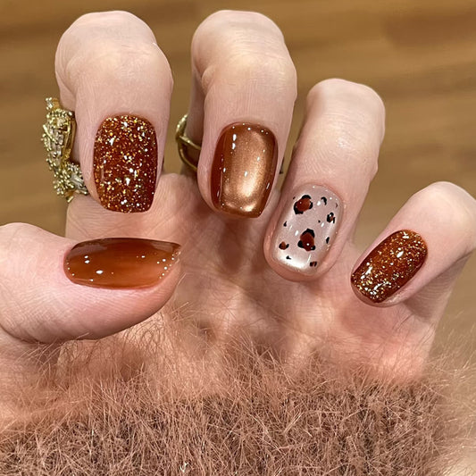 Glamorous Autumn Inspired Short Square Glittery Copper Press On Nail Set with Unique Animal Print Accents
