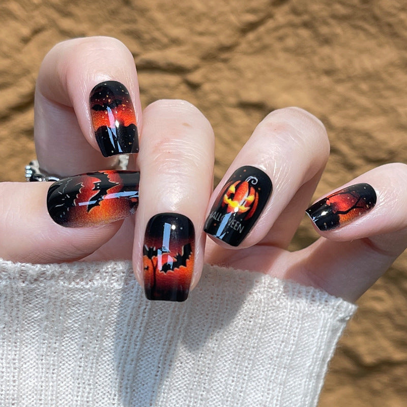 Spooktacular Short Square Black and Orange Ombre Press on Nail Set with Halloween Theme