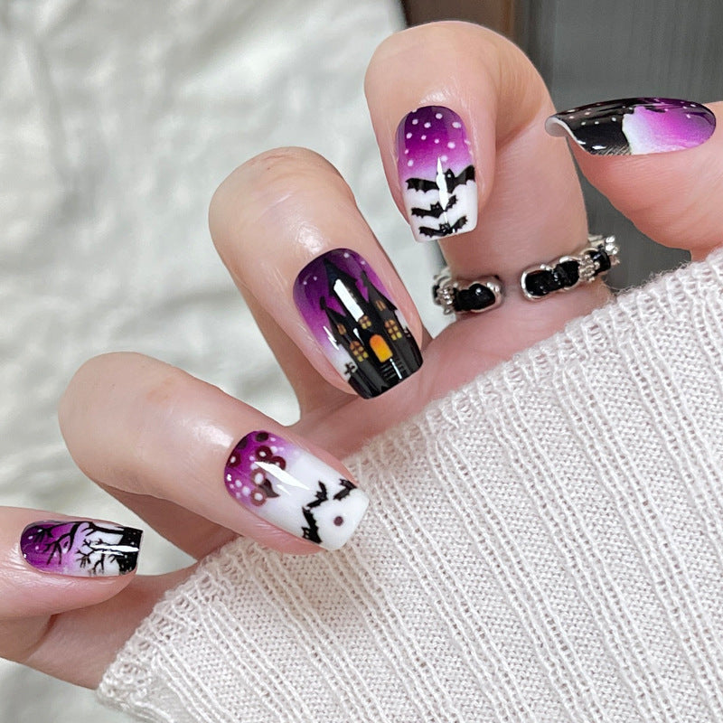 Hauntingly Elegant Medium Square Press On Nail Set in Purple and Black with Spooky Halloween Design
