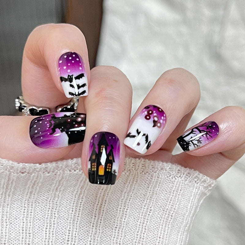 Spooky Night Medium Square Purple and Black Gradient Nails with Haunted House Design