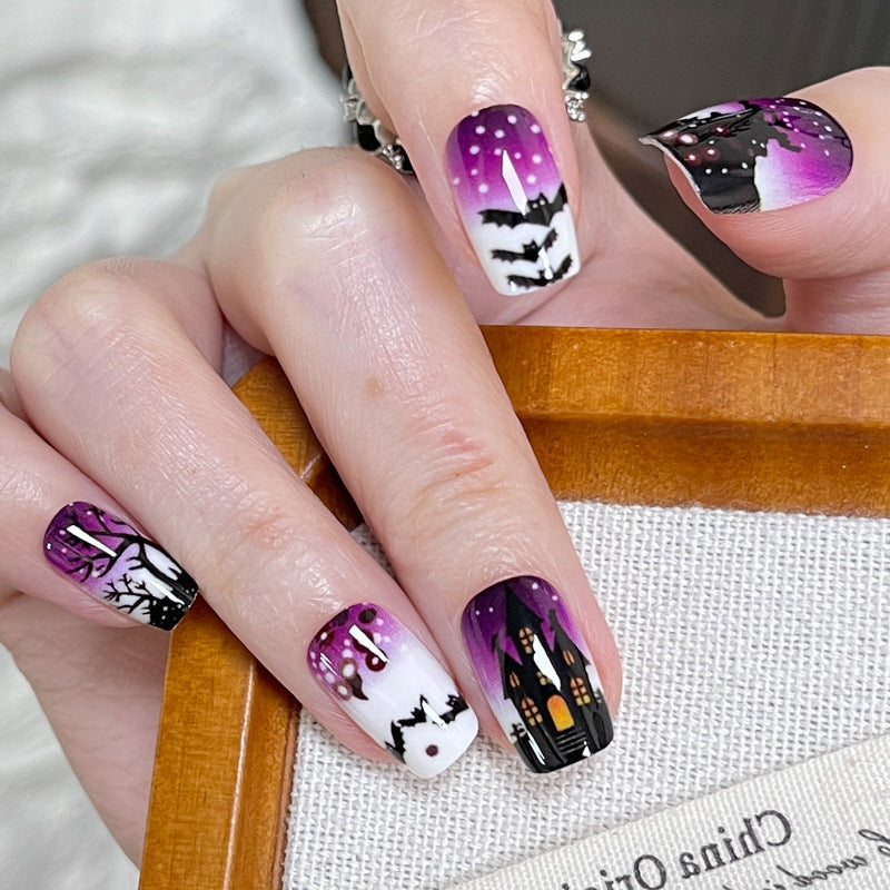 Spooky Twilight Halloween Medium Square Gradient Purple with Haunted Castle Design Press On Nail Set