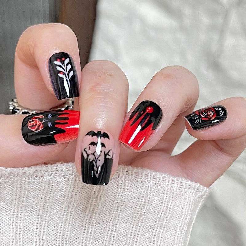 Gothic Elegance Medium Square Red and Black with Floral and Bat Designs Press-On Nail Set