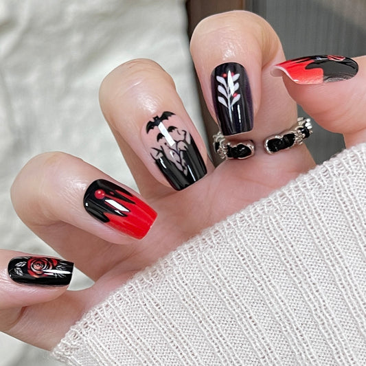 Haunted Elegance Medium Square Black and Red Press On Nail Set with Intricate Gothic Artwork