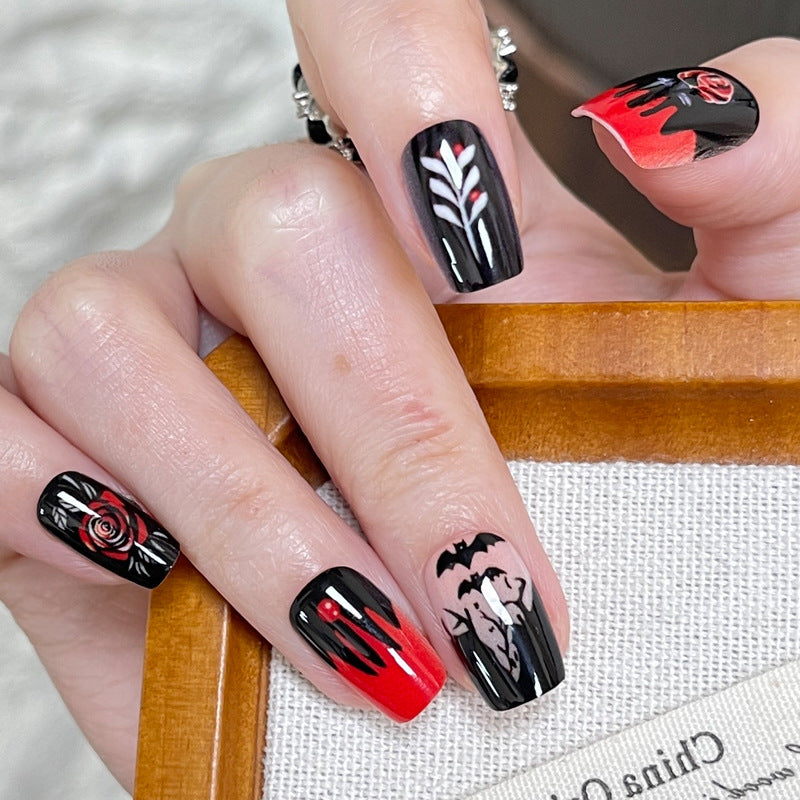 Spooky Gothic Press on Nail Set Medium Square Black and Red with Haunting Artwork