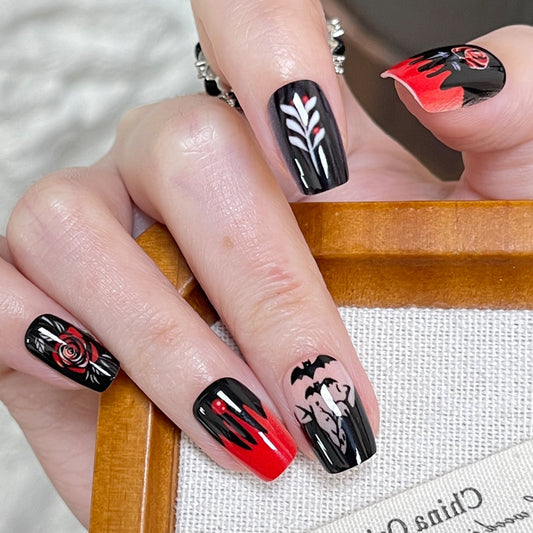 Spooky Gothic Press on Nail Set Medium Square Black and Red with Haunting Artwork