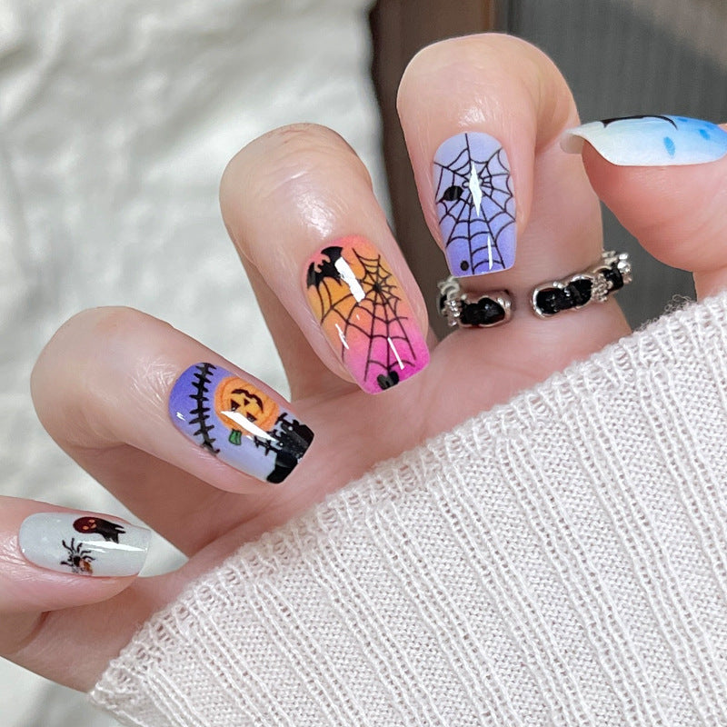 Haunted Autumn Vibes Medium Square Colorful Gradient with Spooky Halloween Graphics Press On Nail Set