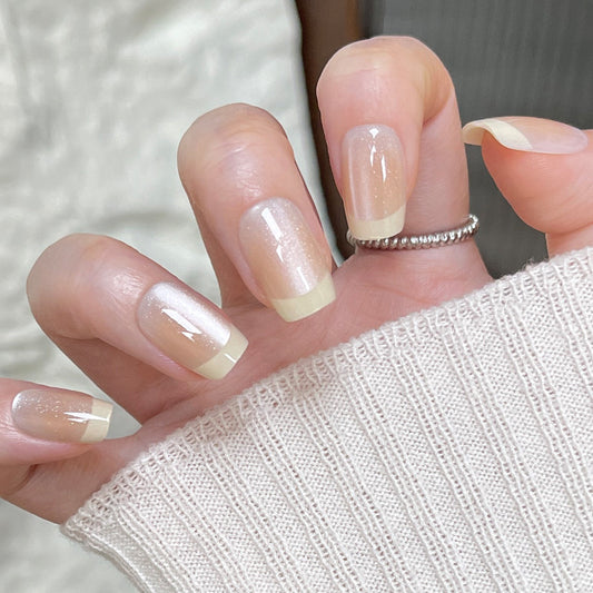 Elegant Dawn Reflections Medium Square Translucent Beige with Shimmering French Tips Press On Nail Set