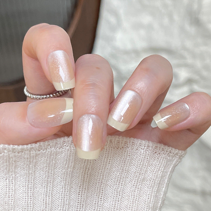 Whimsical Elegance Medium Square Transparent Beige Nails with Shimmering French Tips