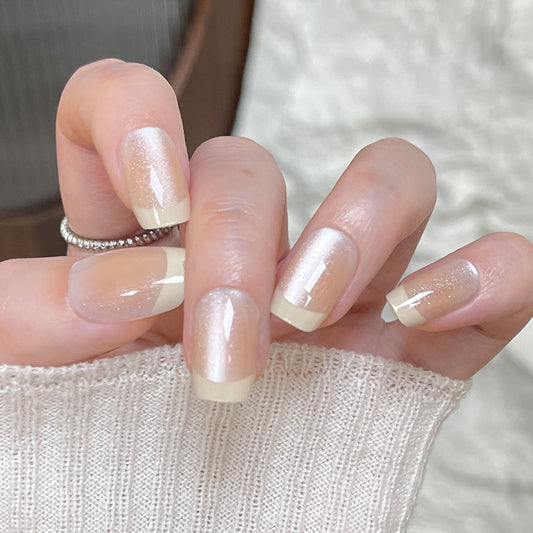 Whimsical Elegance Medium Square Transparent Beige Nails with Shimmering French Tips