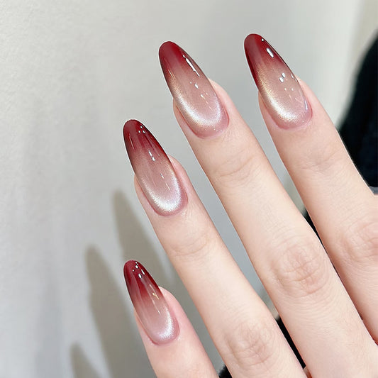Mystical Glamour Long Almond Shaped Burgundy Ombre Press On Nail Set with Shimmering Finish