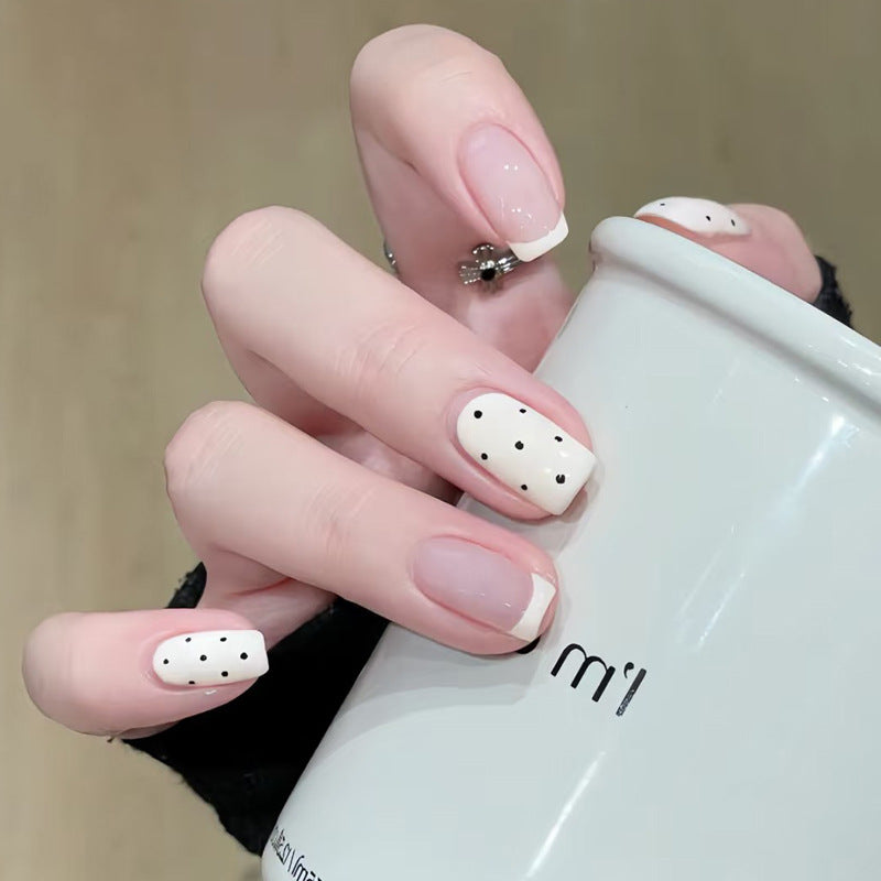 Chic Monochrome Short Square White with Black Dots Press-On Nail Set