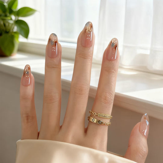 Glamorous Elegance Long Almond Beige with Gold Accents Press On Nail Set
