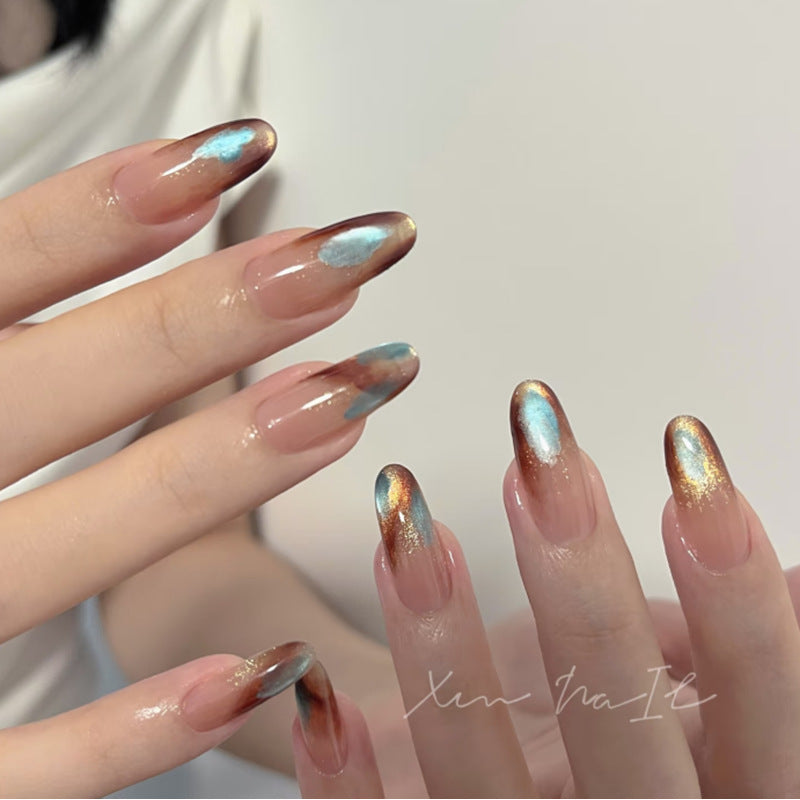 Celestial Glow Long Almond Ombre Brown and Blue with Shimmering Finish Press-On Nail Set