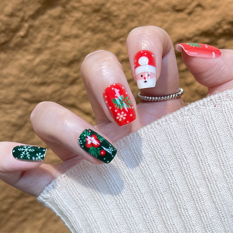Festive Holiday Medium Square Red and Green with Charming Christmas Patterns Press On Nail Set