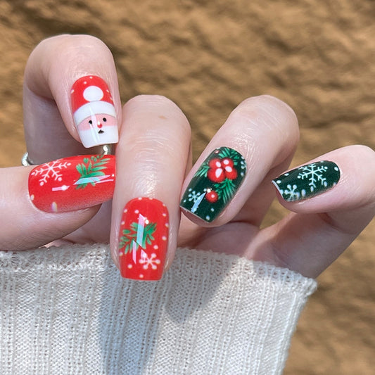 Festive Winter Wonderland Medium Square Red and Green with Holiday-Themed Designs Press-On Nail Set