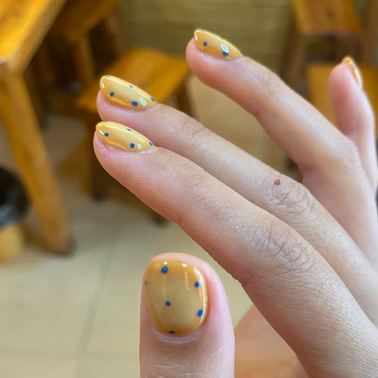 Sunny Delight Short Squoval Yellow Press On Nail Set with Charming Blue Dots