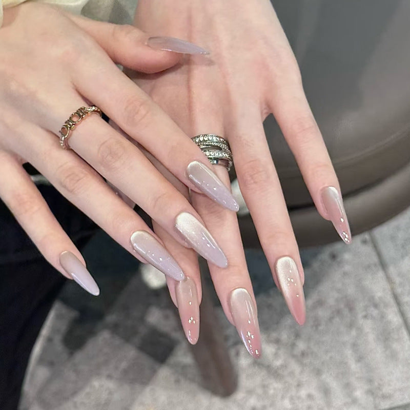 Dreamy Glamour Long Almond Shaped Gradient Pink Press On Nail Set with Sparkling Accents