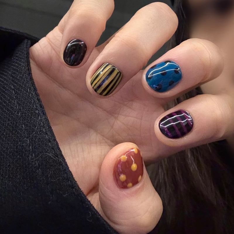 Chic Vibes Short Oval Multicolored with Unique Striped and Dotted Patterns Press On Nail Set