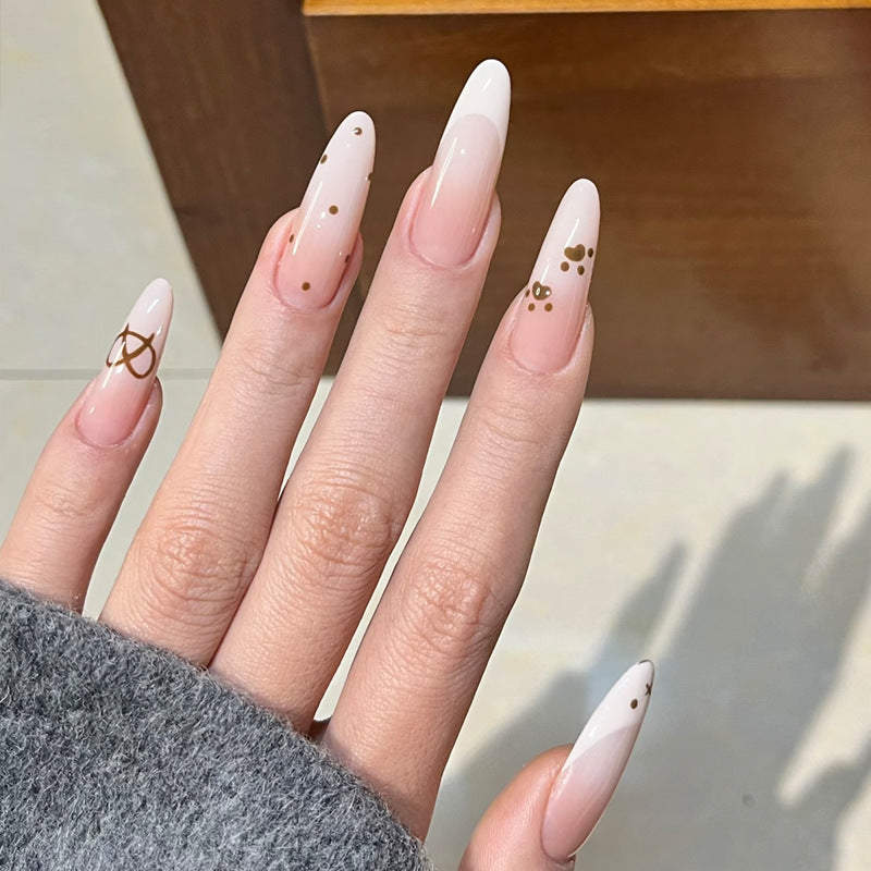 Elegant Blossom Long Almond Shaped Beige Pink with Gold Accents Press On Nail Set