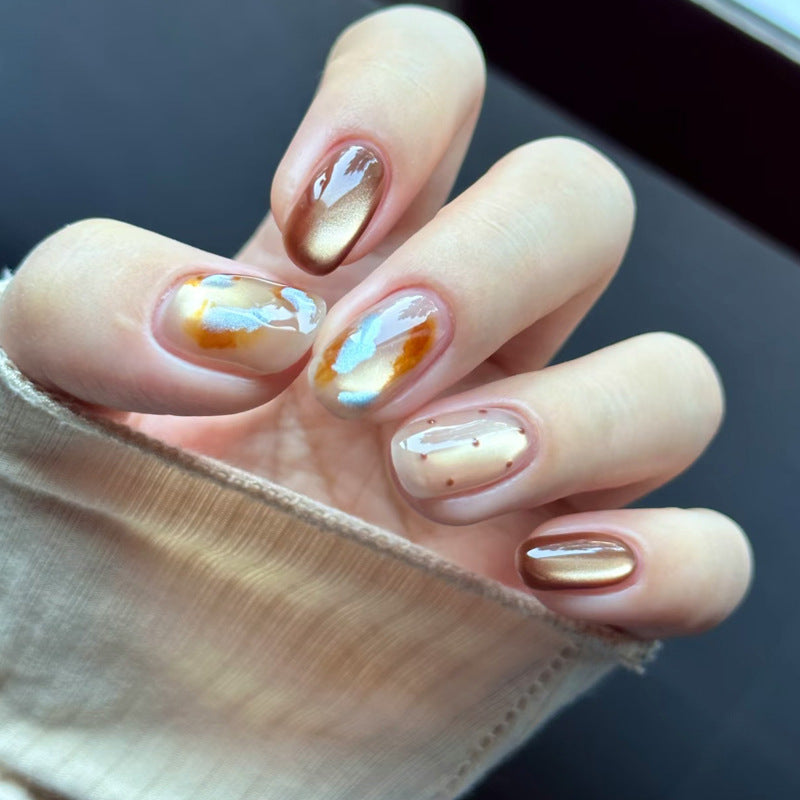Autumn Bliss Short Square Brown and Beige Ombre Design with Shimmering Accent Elements Press on Nail Set