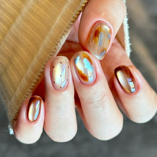 Autumn Glow Short Oval Brown and Gold Iridescent Press-On Nail Set