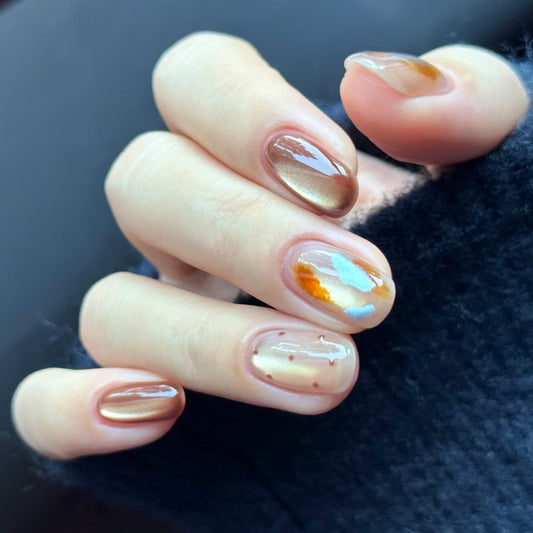 Autumn Elegance Glossy Short Square Brown Ombre Nails with Artistic Swirl Design