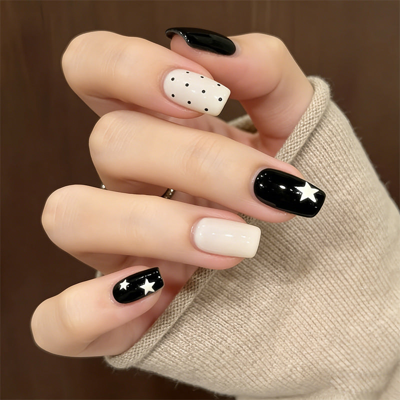 Galaxy Glamour Medium Square Black and White Starry Press On Nail Set