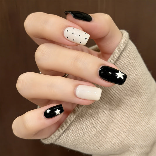 Galaxy Glamour Medium Square Black and White Starry Press On Nail Set