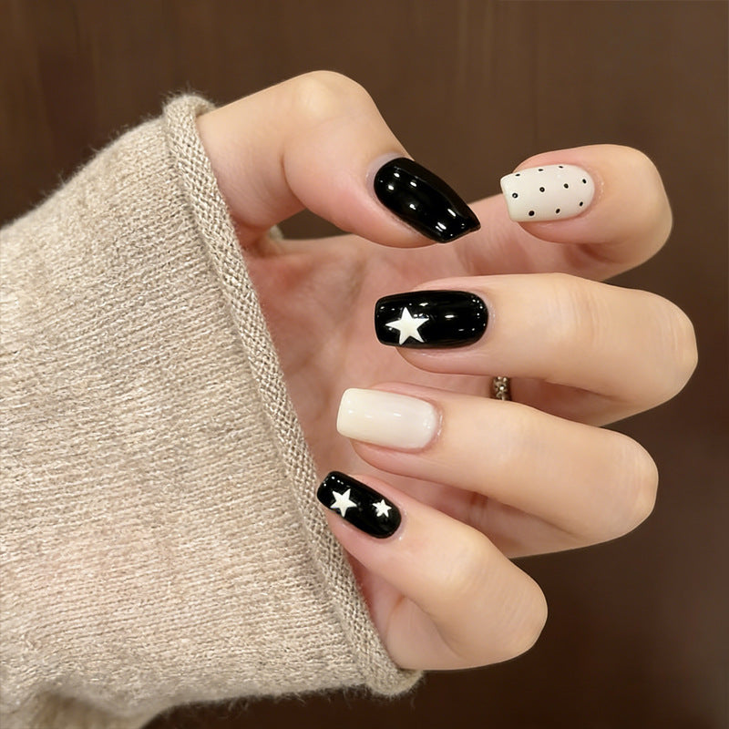 Celestial Elegance Medium Square Black and White Press On Nail Set with Stellar Accents