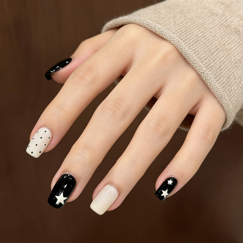 Celestial Glamour Medium Square Black and White with Star Accents Press On Nail Set