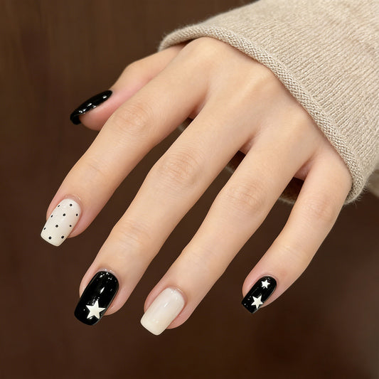 Celestial Glamour Medium Square Black and White with Star Accents Press On Nail Set
