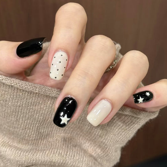 Galactic Elegance Medium Square Black and White with Star Accents Press On Nail Set