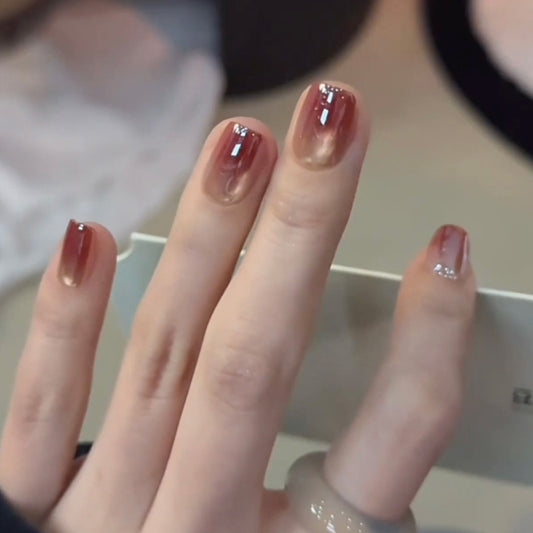 Glamorous Autumn Hues Short Square Translucent Brown with Sparkling Tips Press on Nail Set