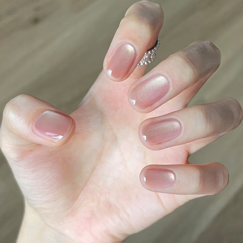 Enchanting Elegance Short Square Beige Press On Nail Set with Subtle Shimmer Finish
