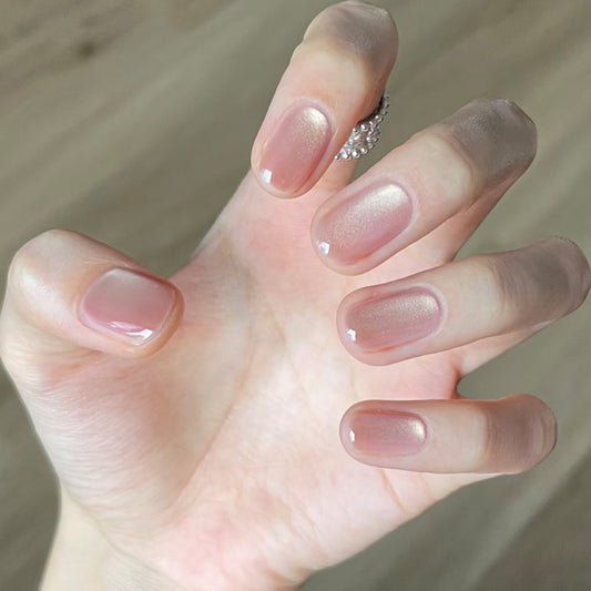 Enchanting Elegance Short Square Beige Press On Nail Set with Subtle Shimmer Finish