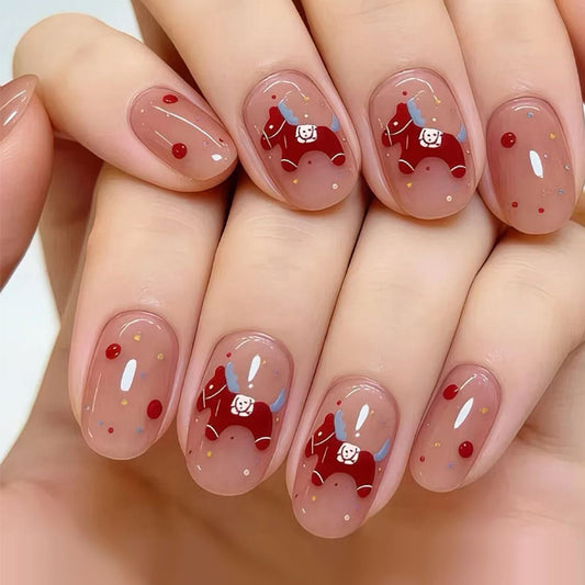 Whimsical Pony Theme Short Oval Warm Beige with Playful Horse Designs Nail Set
