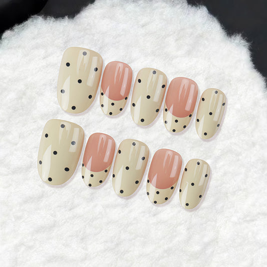 Chic Whimsical Short Almond Shaped Beige with Black Dots and Unique Half-Moon Design Press On Nail Set
