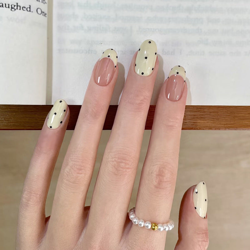 Whimsical Charm Medium Almond Ivory with Black Dots and Glossy Finish Press-On Nail Set